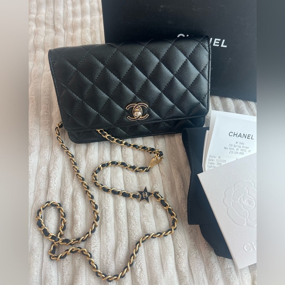 CHANEL Black Caviar Wallet with Gold Chain & Charms - Picture 12 of 12